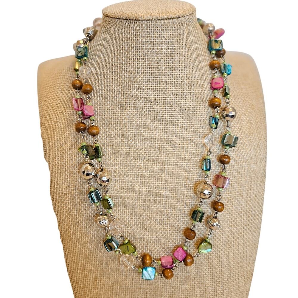 Multicolor Beaded Necklace Long Layered Wood Acrylic Shell Beads NWT Mudd 21"